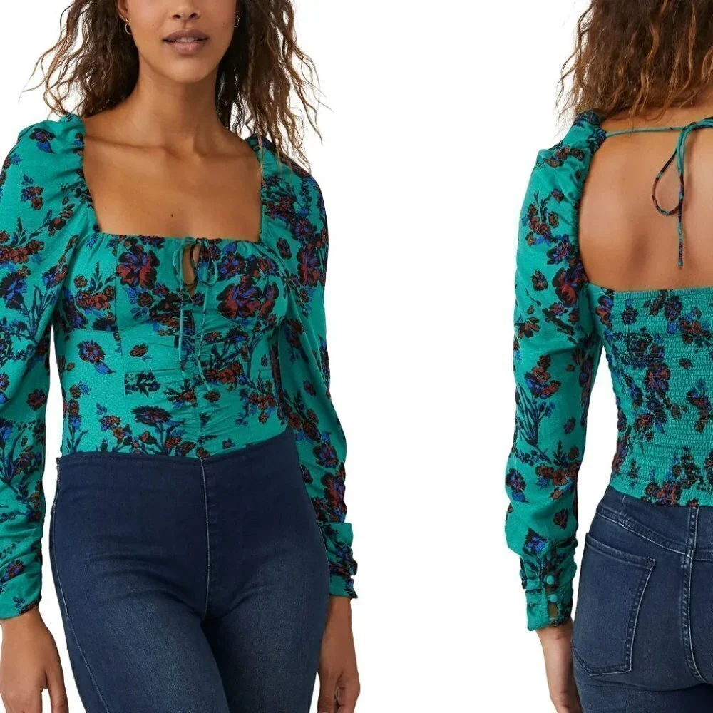 NEW Free People Green Hilary Printed Top Long Sleeves Lightweight Small
